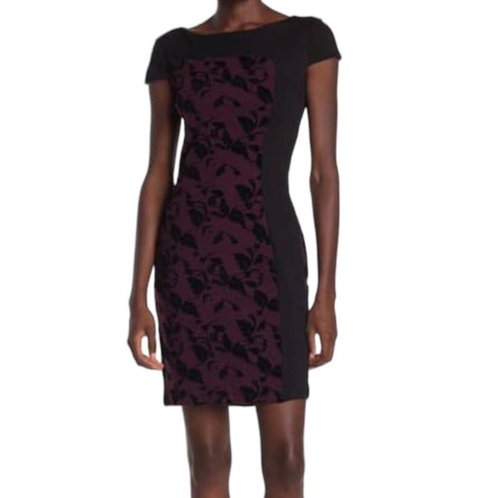 Carmen Marc Valvo dress cap sleeve velvet floral purple black size 12